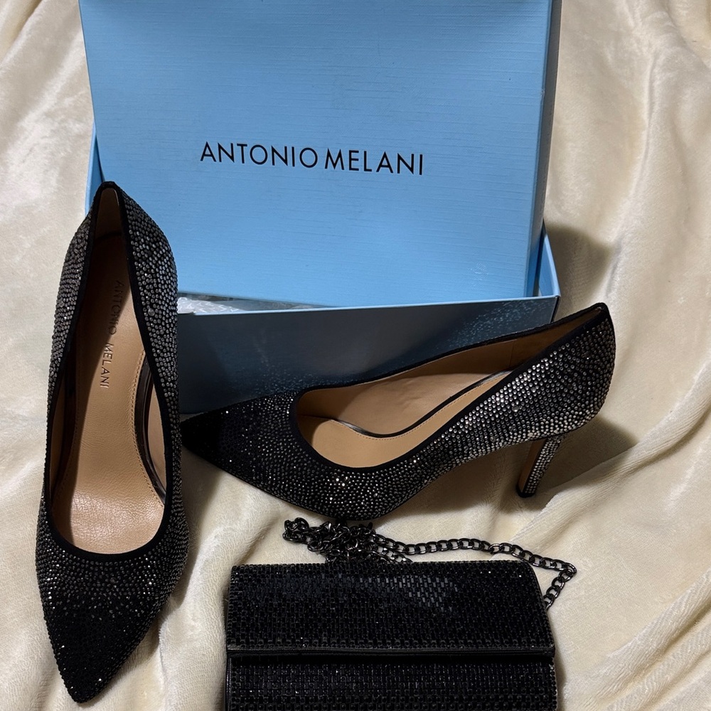 Antonio Melani Glittering Black Heels with a small clutch purse